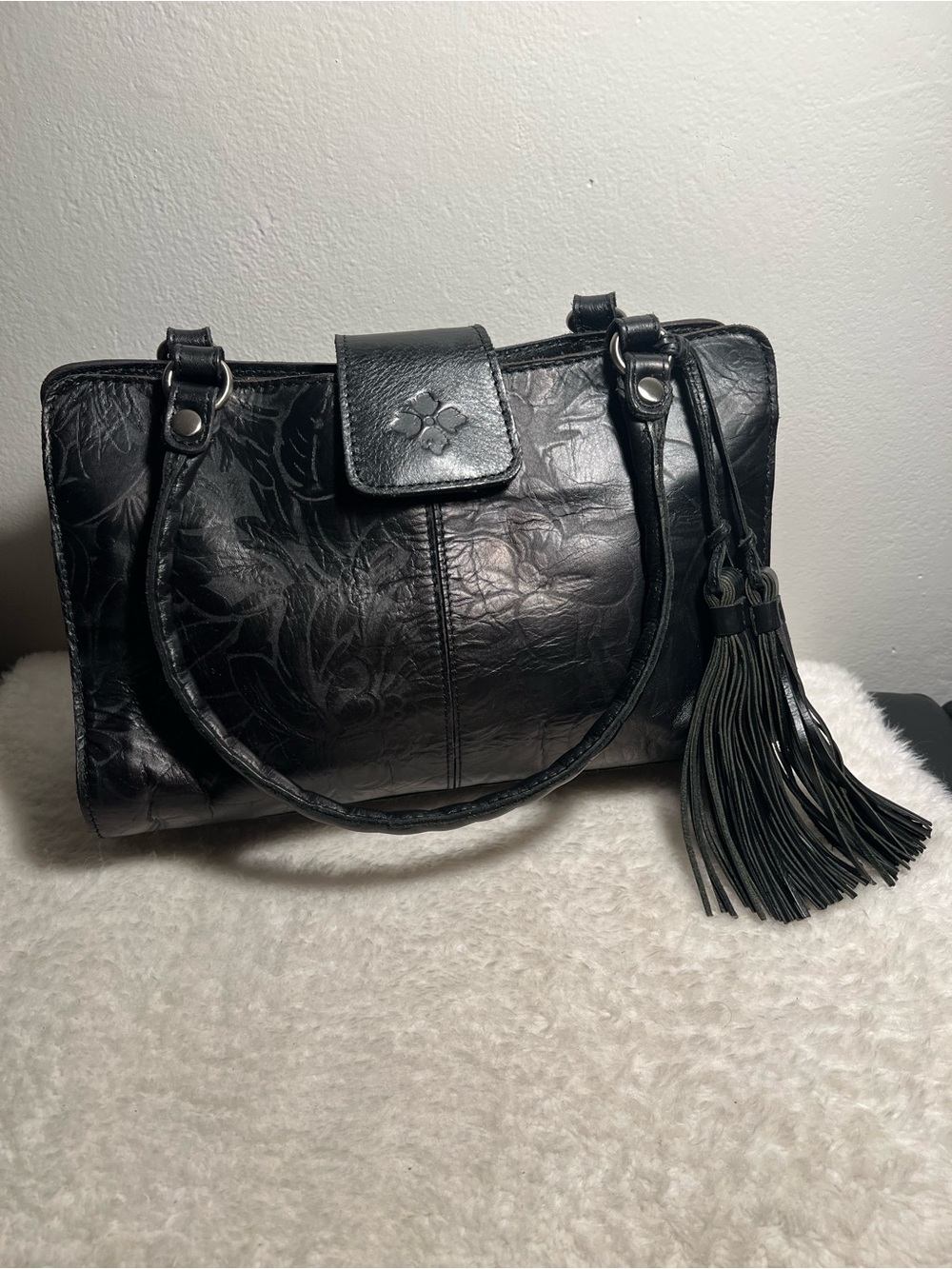 Patricia Nash Black Embossed Leather Shoulder Bag with Tassel